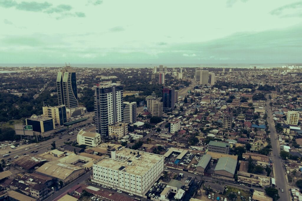 An aerial view of a city with tall buildings