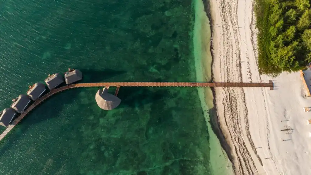A stunning aerial shot of a serene tropical resort on the beach in Zanzibar, Tanzania.