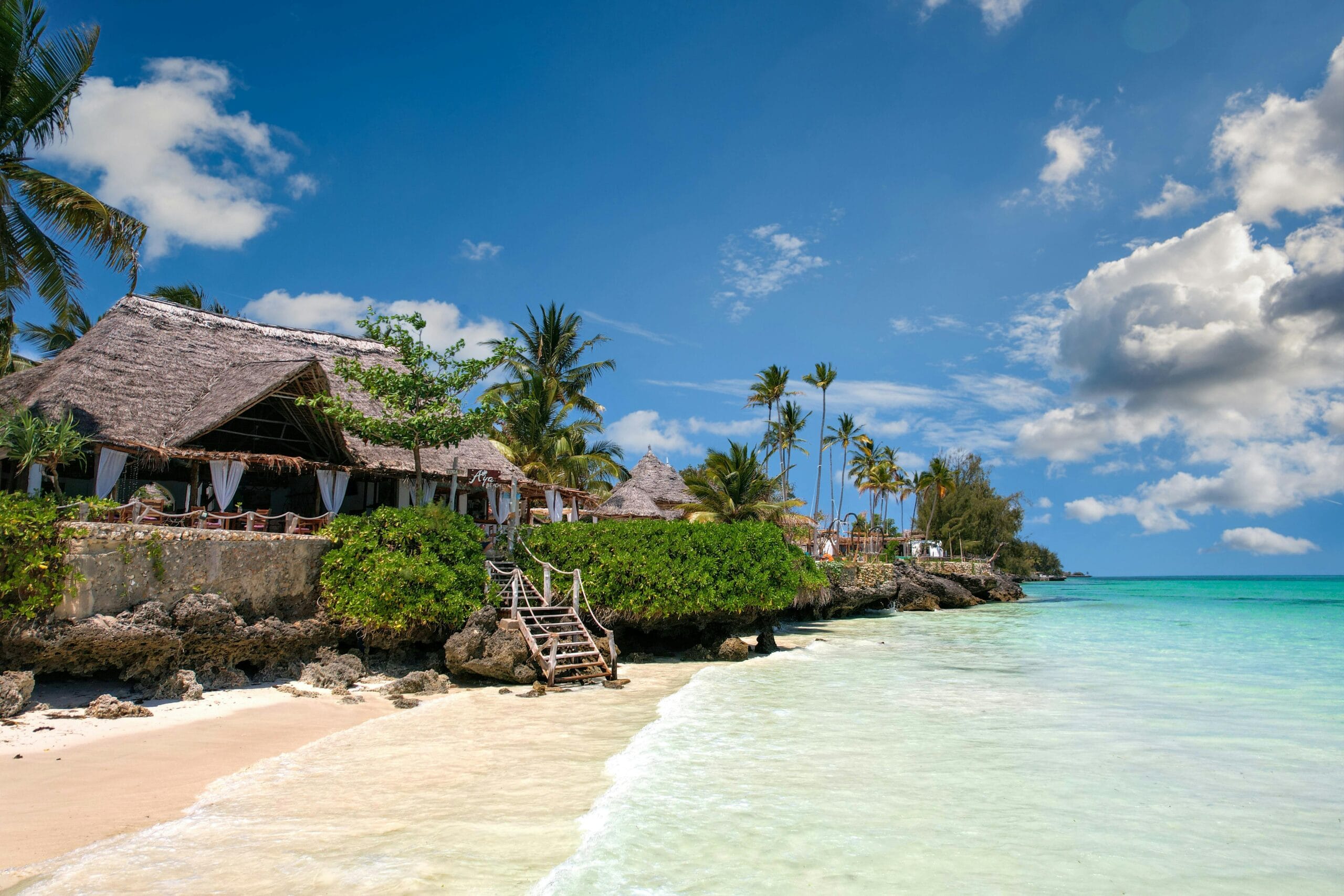 Idyllic beachfront scene in Zanzibar with palm trees, turquoise sea, and a traditional villa.