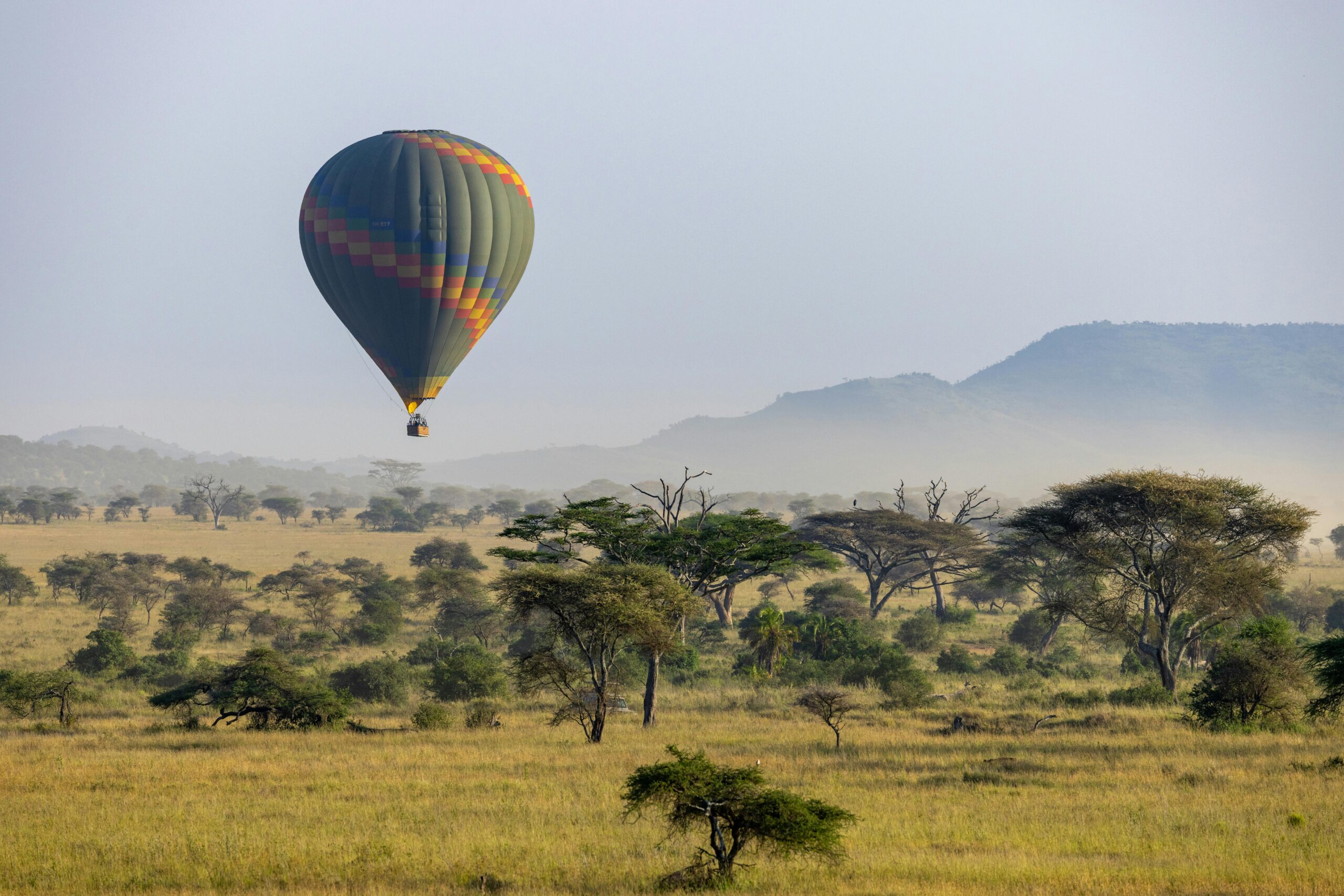 A hot air balloon floats above the lush African savannah, offering breathtaking views and a unique adventure.