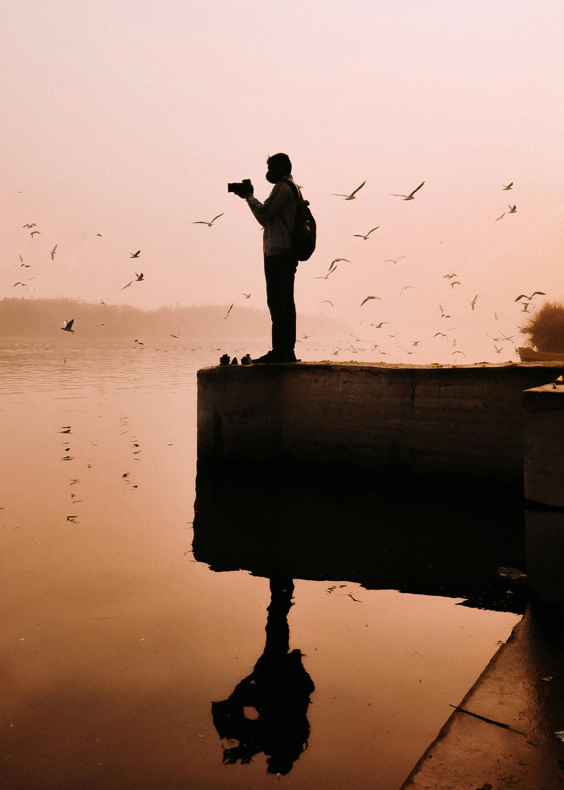 11-Day Great Migration Safari: Serengeti and Masai Mara – Witness Nature’s Greatest Show 1 Silhouetted photographer capturing flying birds at sunset in Delhi.