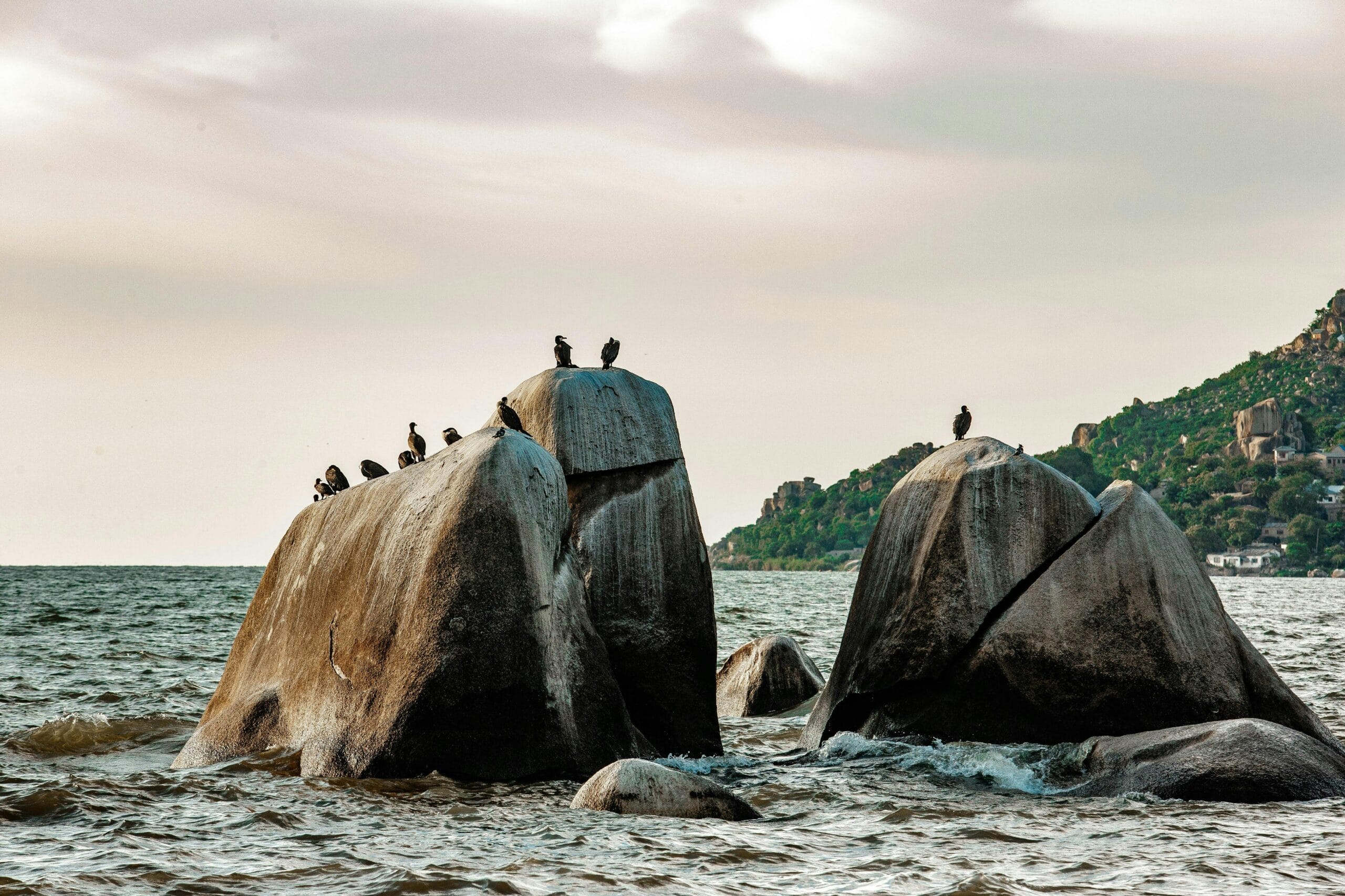 Stunning view of Bismark Rock in Lake Victoria, Tanzania, with perched birds at sunset.