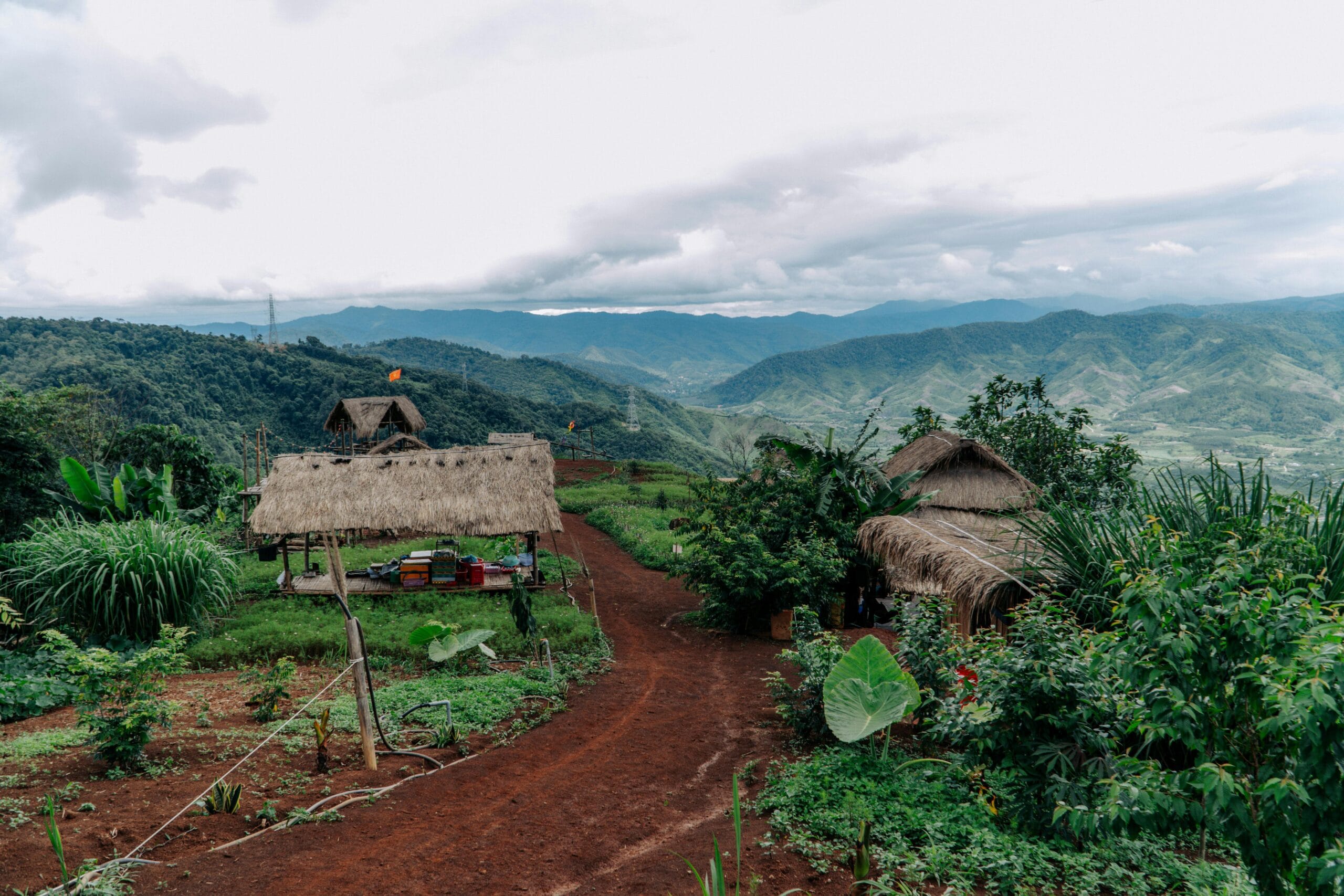 Picturesque countryside view showcasing thatched cottages amidst rolling hills and lush greenery.