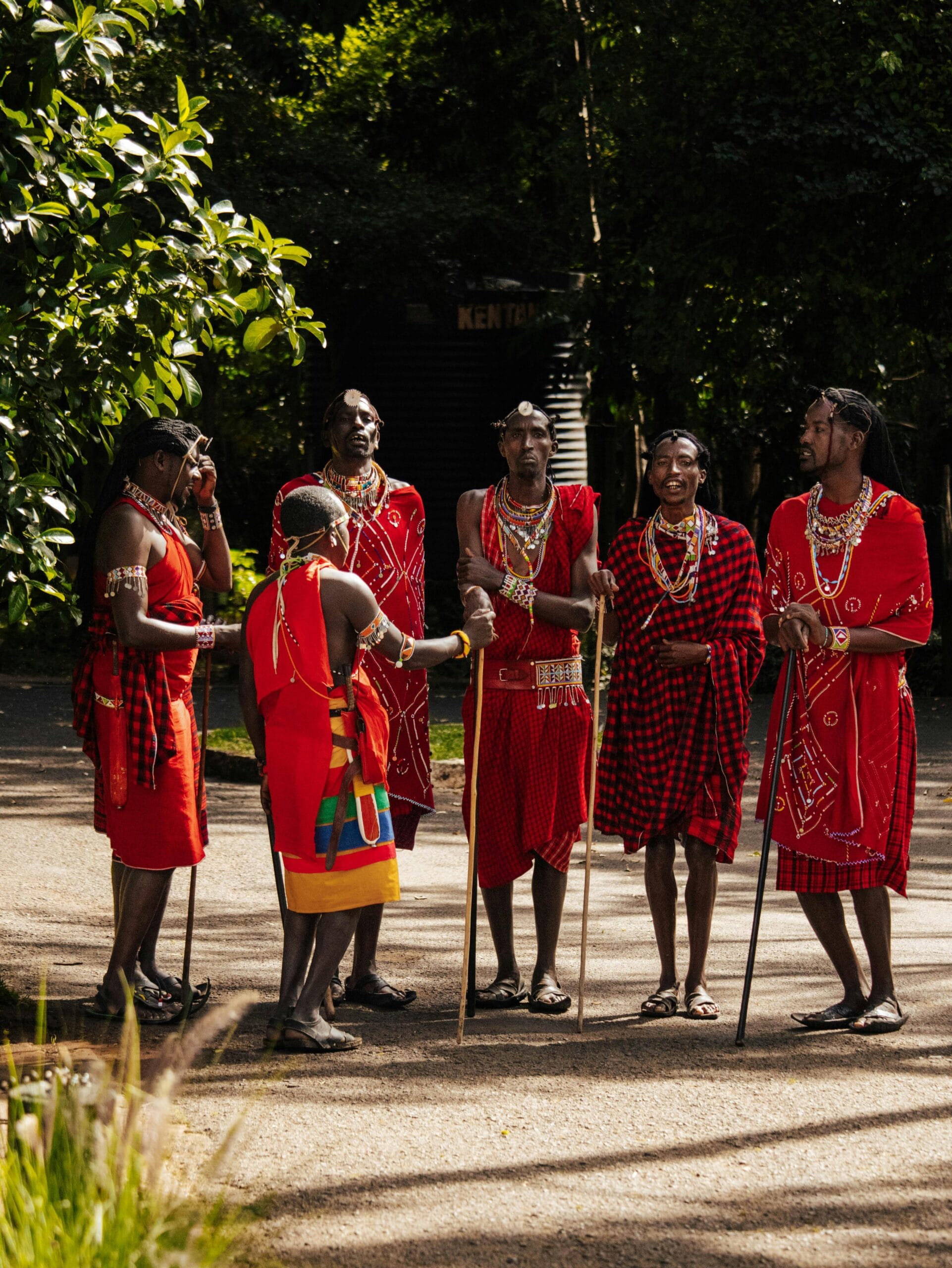 1-Day Safari with Maasai Cultural Experience 1 Group of Maasai men in traditional attire engaging in cultural dance in Nairobi, Kenya.