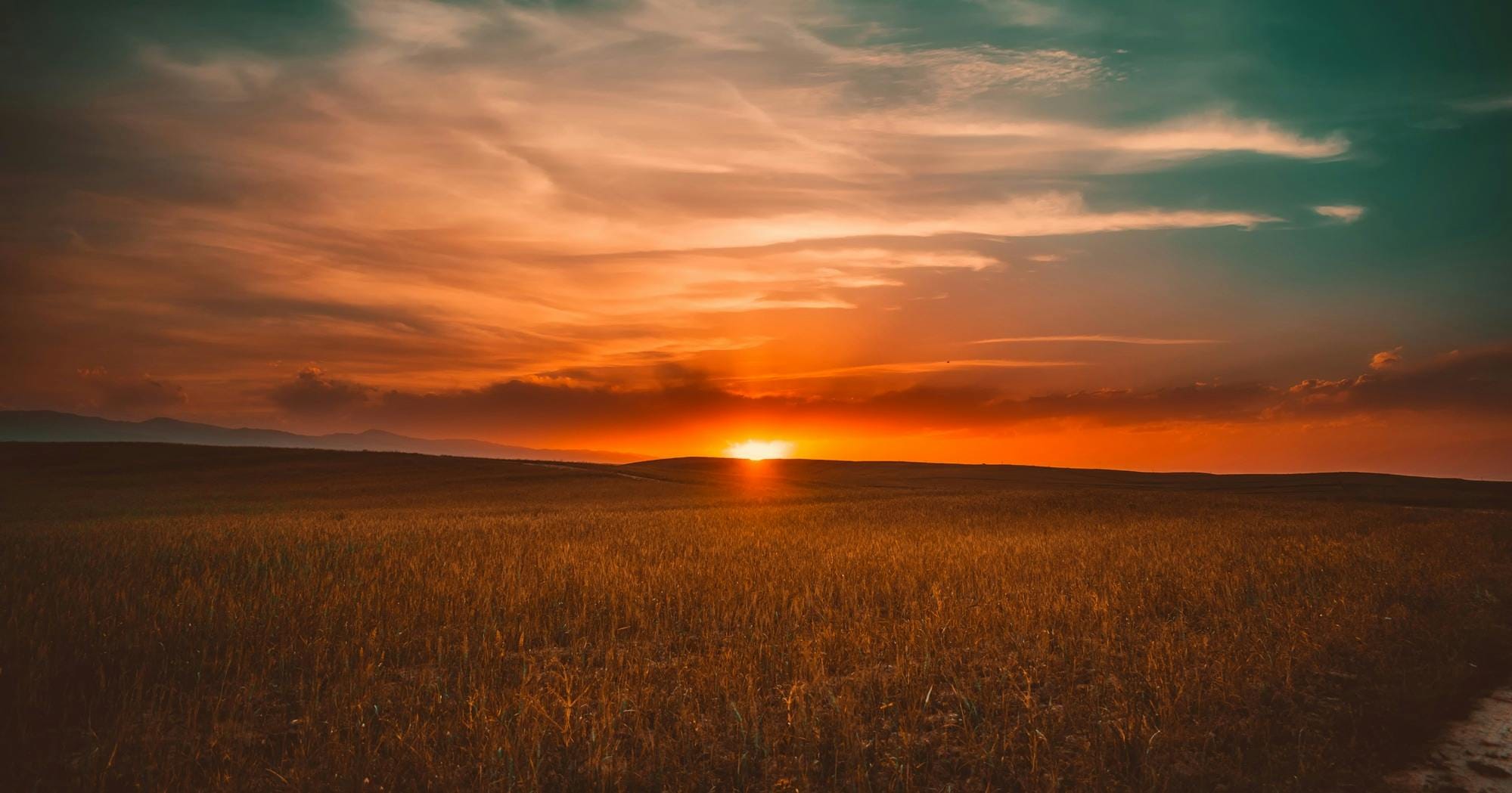 Serene sunset over a vast field with dramatic skies in warm tones.