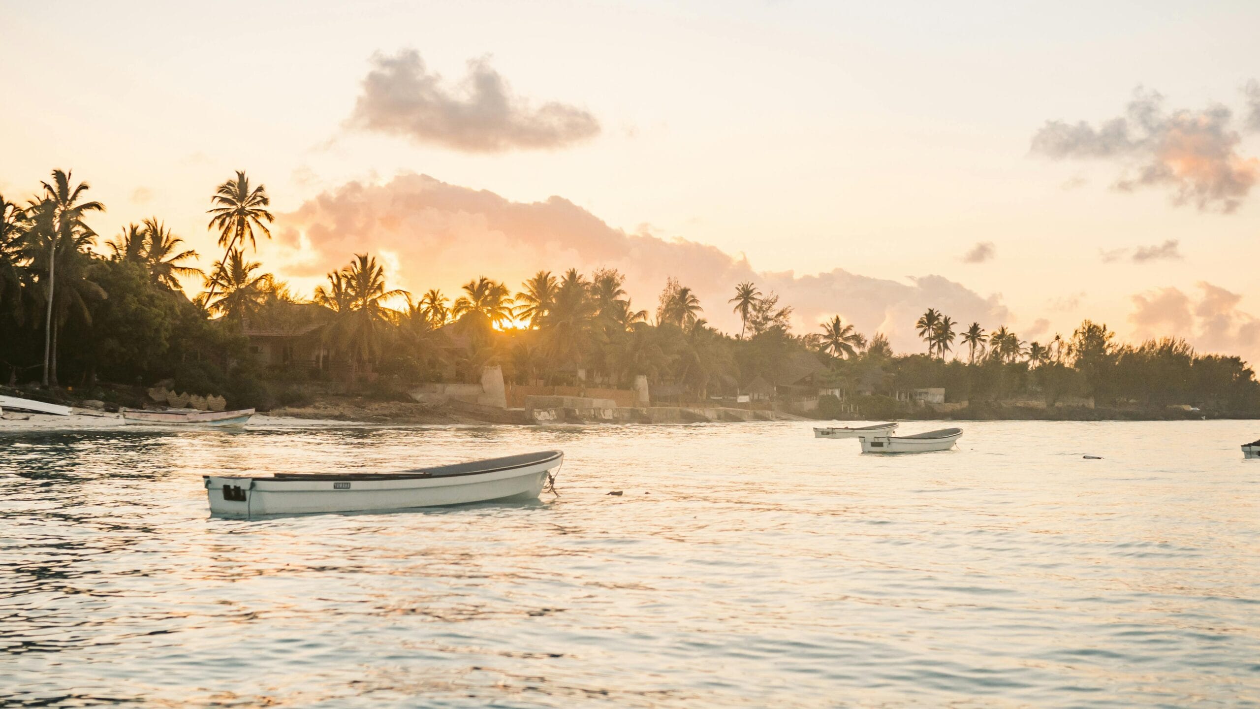 Boats drifting on the calm sea during a picturesque Zanzibar sunset.