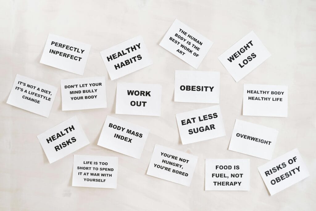Tanzanian safari health tips 20 Collection of motivational health and fitness messages on white cards, promoting a healthy lifestyle.