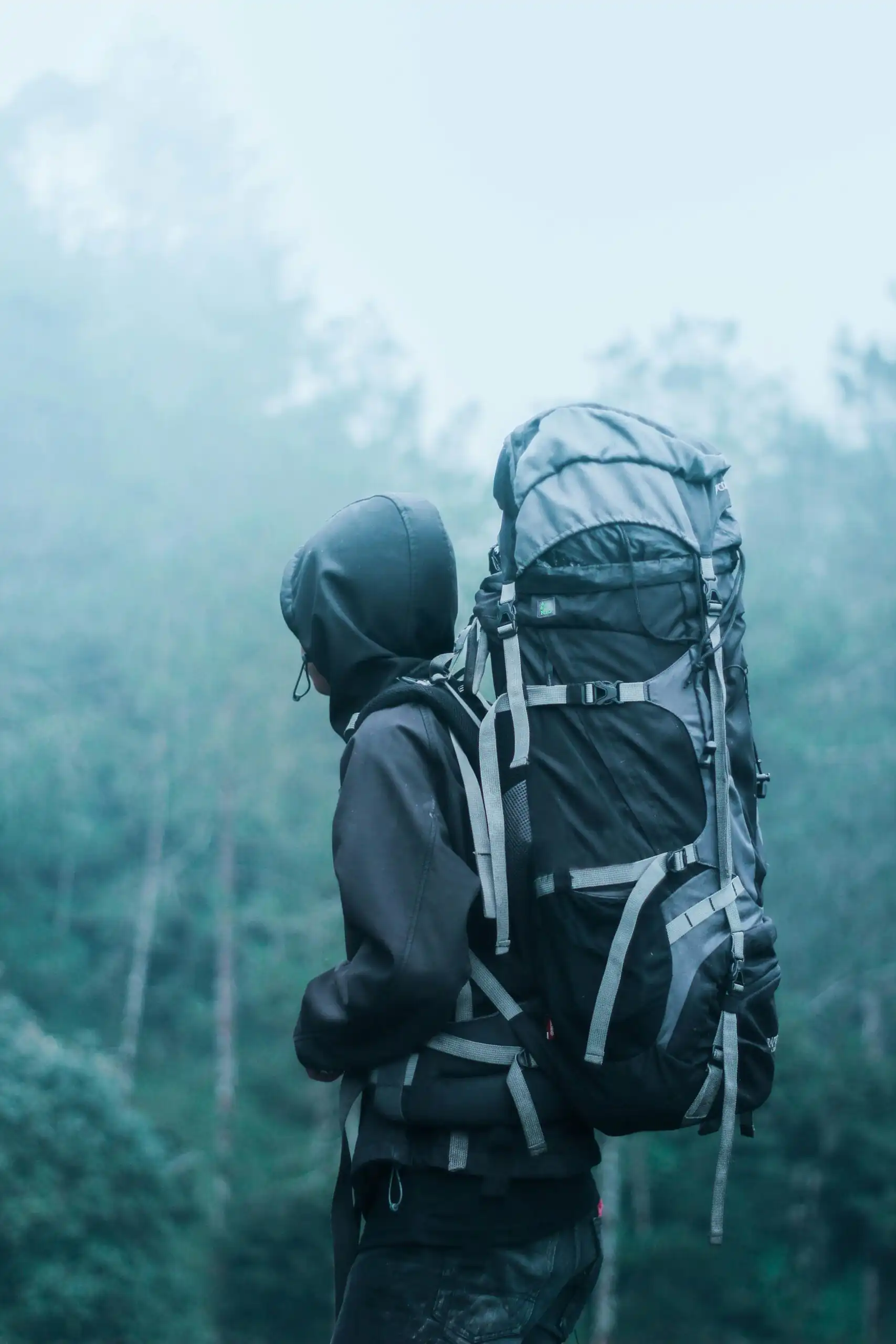 Is Tanzania safe for solo travelers? 1 Solo hiker with large backpack in a misty forest, exploring nature's serene beauty.