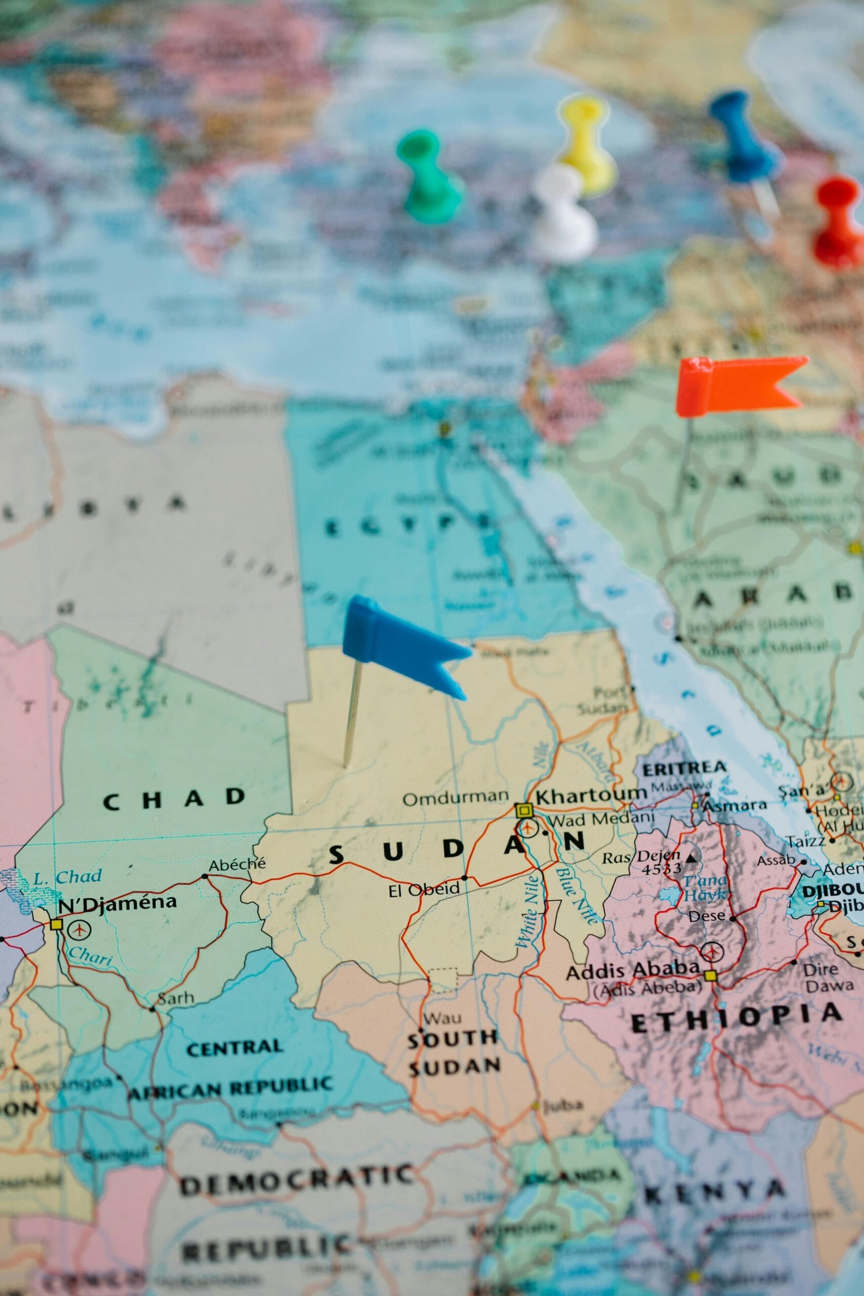 Multi-country safari itineraries in Africa 1 Detailed map of Africa with pushpins marking locations, focusing on Sudan.